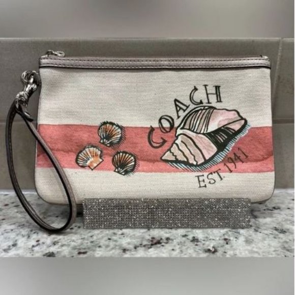 Coach Beach Canvas Wristlet  - Beach Shell w/Metallic Bronze Trim - Picture 1 of 7